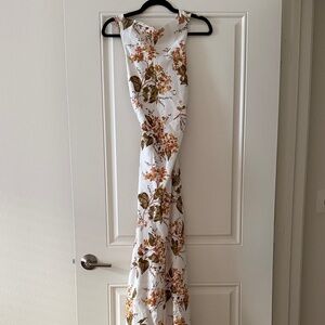 Reformation White Maxi Dress with Olive and Rust Floral Print